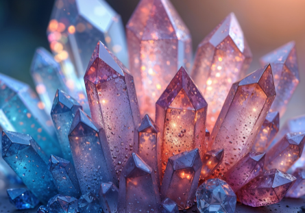 Glowing cluster of pink and blue crystals on dark rock.