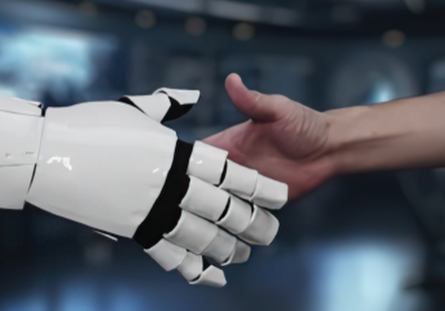 Robotic hand shaking hands with a human hand in a futuristic setting.
