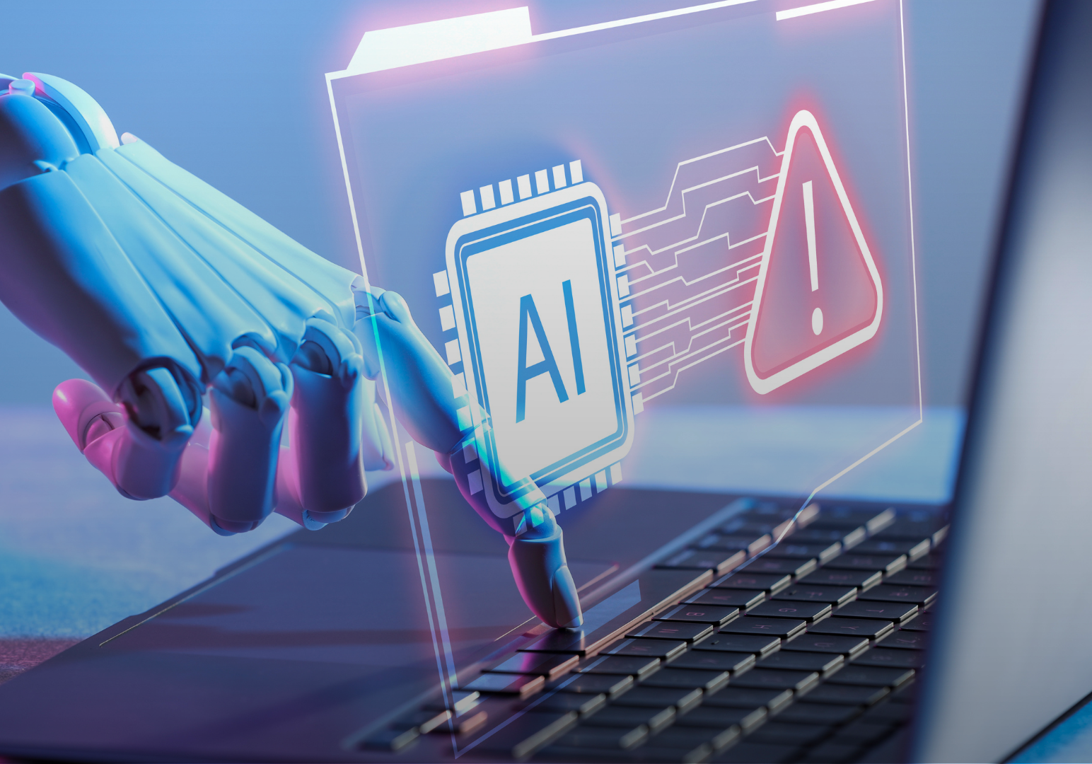 Robot hand interacting with a holographic AI warning on a laptop.