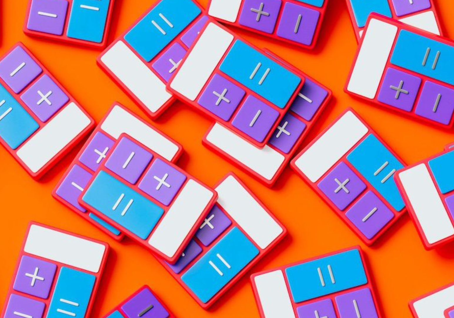 Colorful toy calculators on an orange background.