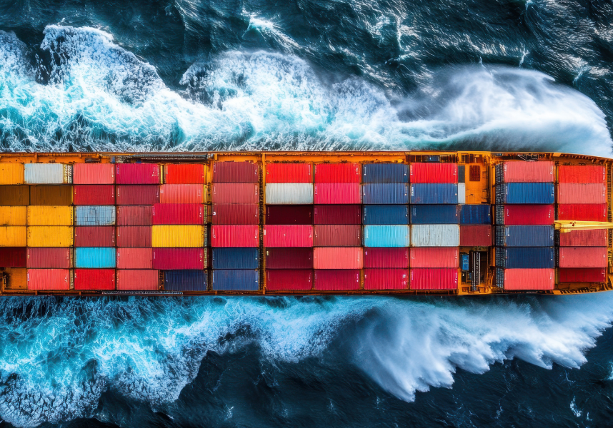 Overhead view of a cargo ship with colorful containers.