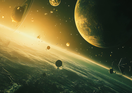 A surreal space scene with planets, stars, and spacecraft above an illuminated horizon.