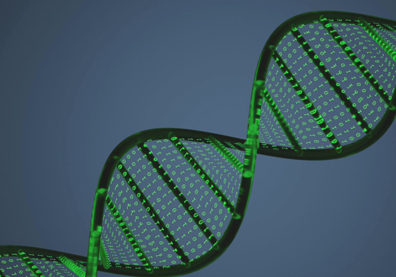 A green digital DNA strand on a blue background.