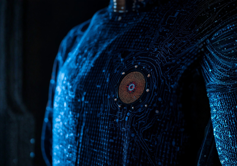 Close-up of a futuristic suit with digital circuit patterns and a glowing central device.