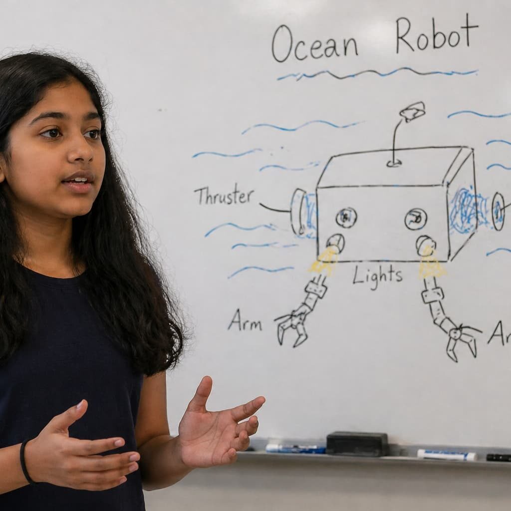 Girl presenting a drawing of an ocean robot on a whiteboard.