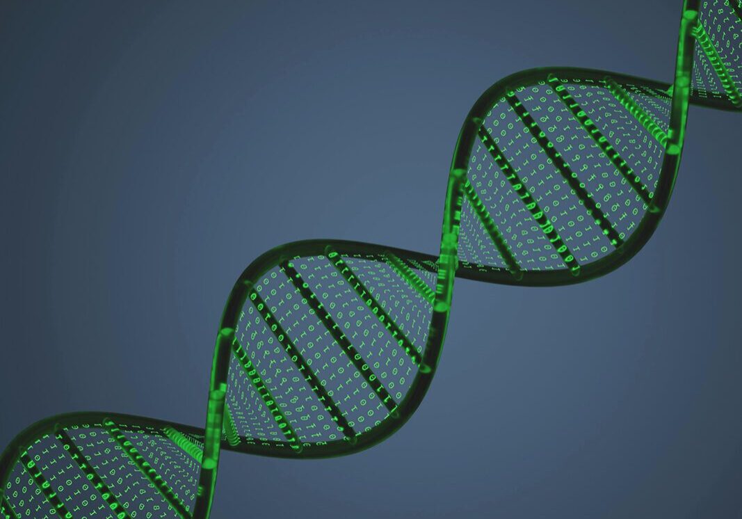 Abstract graphic of DNA structure composed of binary code.